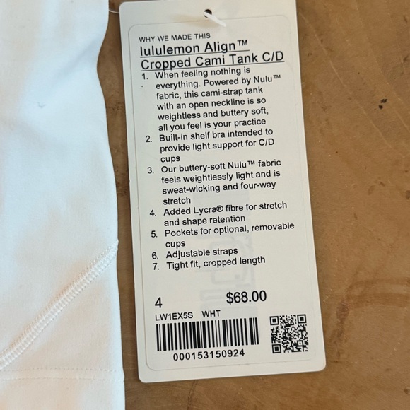 lululemon Align™ Cropped Cami Tank C/D Cup in White. Sz 4 NWT - Picture 5 of 8